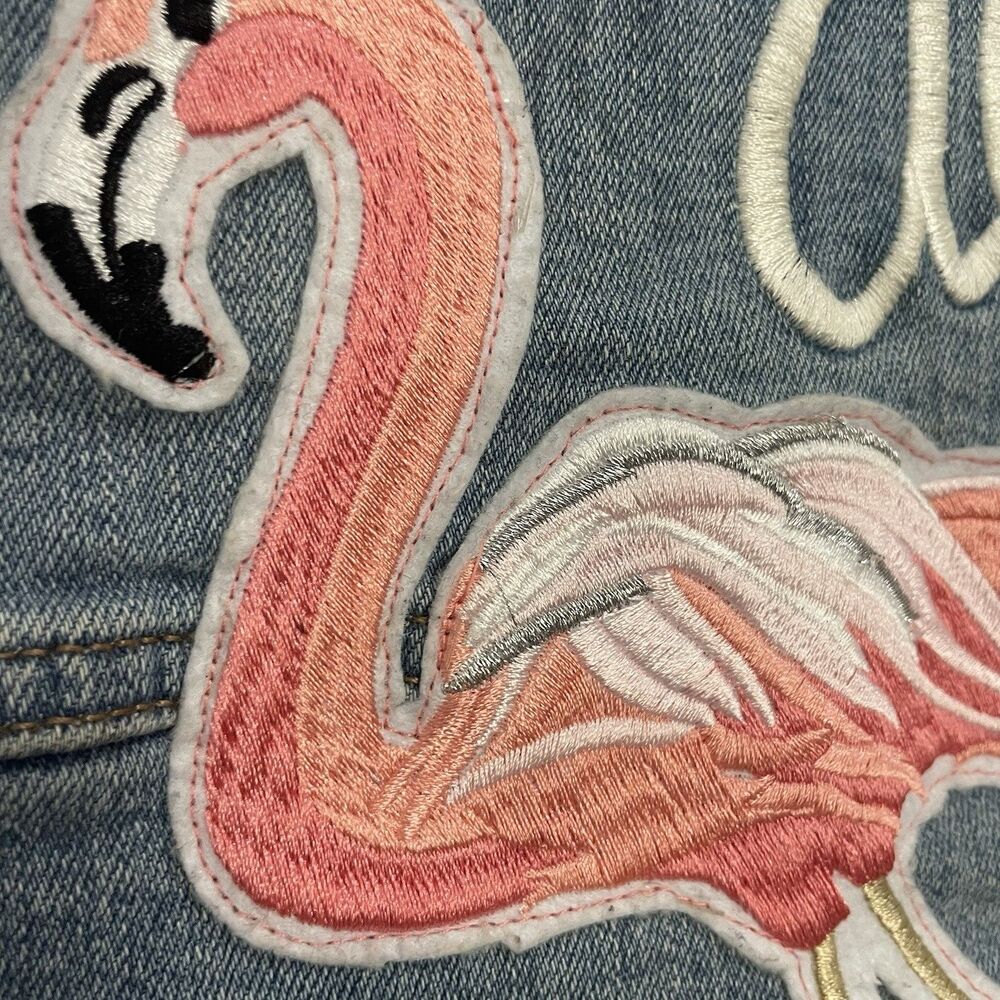 Denim Jean Stretch Jacket Embroidered Flamingo Aloha SZ S/M - Picture 6 of 11